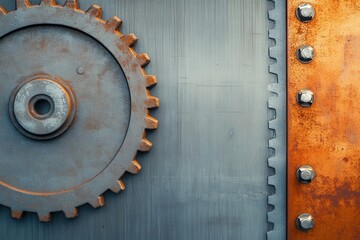 Poster - Industrial gears in gray and rust tones with metallic gradient background for text display