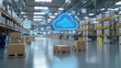 © ADD PHOTO - A modern high tech warehouse featuring rows of shelves pallets and boxes with a large cloud icon symbolizing the of digital technology and automation for efficient inventory management and logistics