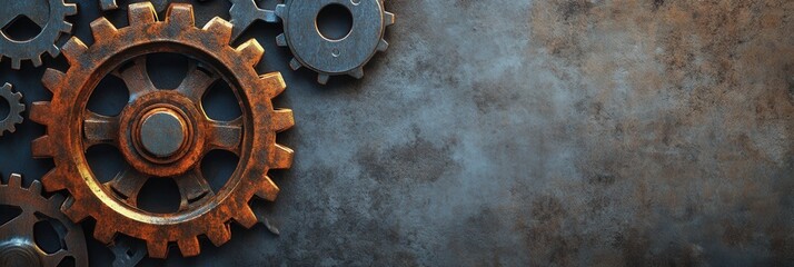 Poster - Industrial background featuring gears in gray and rust tones with a robust mechanical style and metallic gradient for text placement