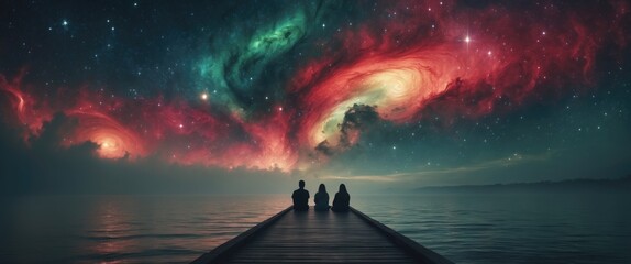 Wall Mural - Silhouette of friends on the pier observing The Sword