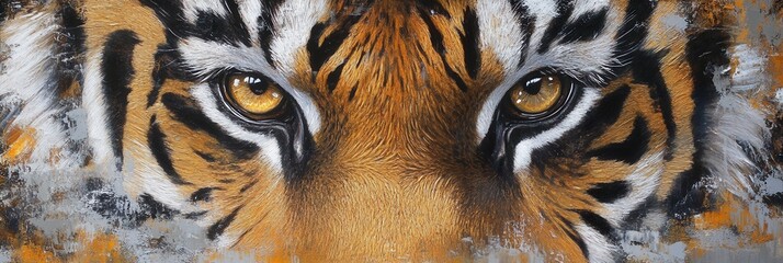 Poster - Majestic tiger portrait with detailed fur and captivating gaze in a blurred background setting