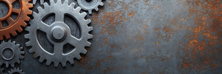 Poster - Industrial gears in gray and rust tones create a robust mechanical background for design and text elements, suitable for various applications
