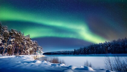 beautiful aurora northern lights in night sky with lake snow forest in winter