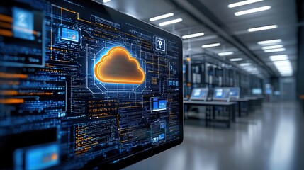 A digital rendering of a high tech cloud computing concept featuring a central glowing cloud icon surrounded by abstract data visualizations and futuristic interface elements