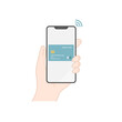 © Keyglad - クレジットカードを登録したスマホでキャッシュレス決済するアイコン・イラスト