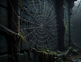 spider web with dew drops in old building