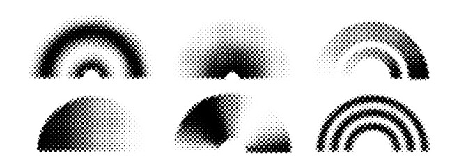 Black halftone arch collection. Pixelated 8 bit gradient arc set. Dotted pop art curve element bundle for collage, graphic design template, banner, poster, flyer. Vector comic bitmap warp pack