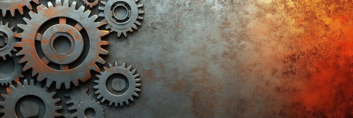 Poster - Industrial backdrop featuring intricate gear patterns in gray and rust tones with a metallic gradient for text placement