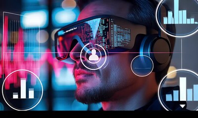 Fototapete - VR headset user analyzing data in a futuristic environment
