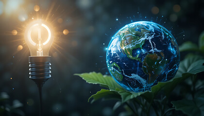 Wall Mural - earth hour futuristic concept illuminating sustainability with a power bulb earth globe and green le