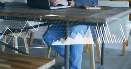 Wall Mural - Working on laptop, business person analyzing financial graphs with animation overlay
