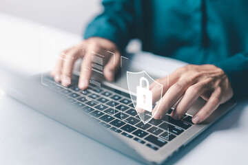 Wall Mural - laptop shows the icon lock shield for cybersecurity. concept of secure privacy data, protect cybercr