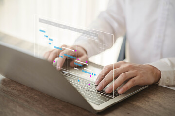 Fototapete - Milestones management shows a Gantt timeline chart. Concept of managing business project plans in software, organizing schedules in digital calendars. progress planner, work update, diagram design