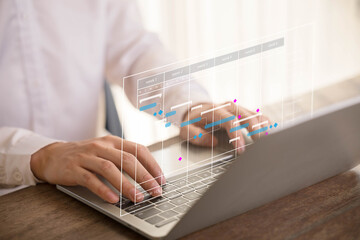 Fototapete - Milestones management shows a Gantt timeline chart. Concept of managing business project plans in software, organizing schedules in digital calendars. progress planner, work update, diagram design