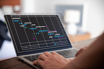 Fototapete - Milestones management shows a Gantt timeline chart. Concept of managing business project plans in software, organizing schedules in digital calendars. progress planner, work update, diagram design