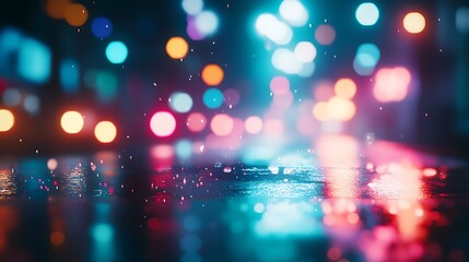 Wall Mural - A vibrant, blurred city scene with colorful bokeh and rain-soaked surfaces.