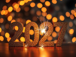 Fototapete - Silvester Sylvester 2027 New year New Year's Eve Party background banner panorama illustration - Abstract gold firework fireworks on dark green texture with bokeh lights
