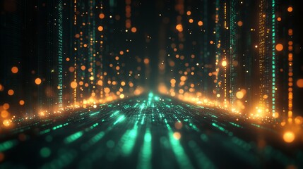 Sticker - a long green line with orange dots. digital data stream background with glowing binary code and boke