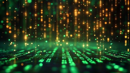 Sticker - a green background with a lot of small glowing dots. digital data stream background with glowing bin