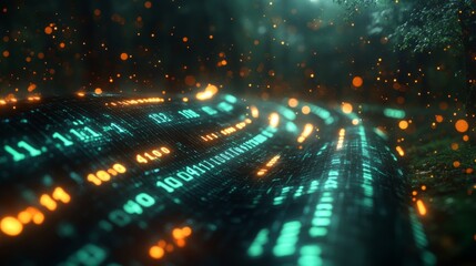 Wall Mural - a green line with numbers and letters on it. digital data stream background with glowing binary code