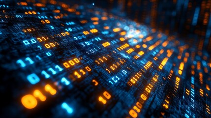 A computer screen with a blue and orange line of numbers. Digital data stream background with glowing binary code and bokeh lights. Abstract digital technology wallpaper.