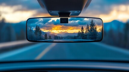 a scenic view of mountains and a colorful sunset as seen through a car's rearview mirror while drivi