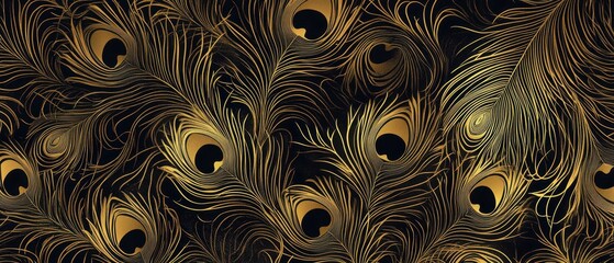 Intricate peacock feather pattern in monochrome gold, seamless vector design with a regal theme