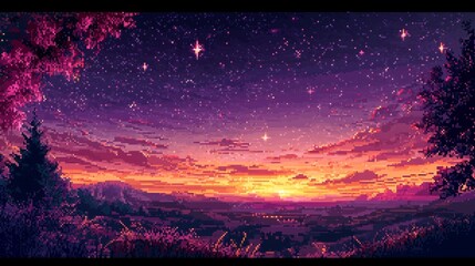 Wall Mural - Artistic representation of a sunset sky filled with stars in pixel form.