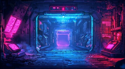 Wall Mural - Explore the vibrant neon hues unique to cyberpunk aesthetic in this artwork. 