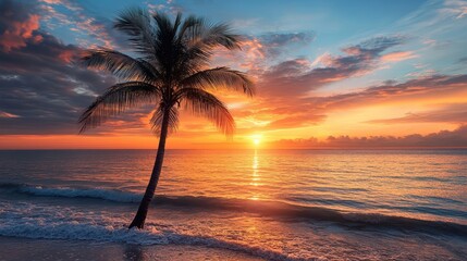 Wall Mural - stunning sunset over tropical beach, palm tree silhouetted against vibrant sky. perfect for travel, 