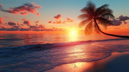 Wall Mural - Stunning sunset over tropical beach, palm tree silhouette adds serene beauty. Perfect for travel, vacation, or relaxation themed projects.