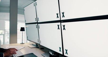 Poster - Typing, mockup space and hands by computer screen for online research with stock market investment. Technology, people and financial managers with blank desktop in office for report in control room