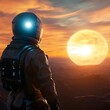 © Mr image - Celestial Explorer: An astronaut, bathed in the ethereal glow of a distant planet's sun, gazes at the boundless expanse, capturing a moment of profound contemplation.