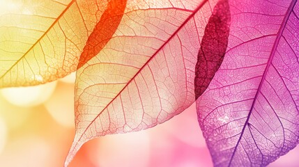 Wall Mural - Dewy Leaf Textures with Soft Color Palette in Sunlight