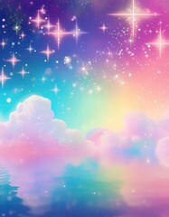 Wall Mural - Holographic fantasy rainbow background with clouds and stars. Pastel color sky. Magical landscape, abstract fabulous pattern. Cute candy wallpaper