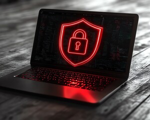 Fototapete - 3D rendering of a laptop with red shield featuring an open padlock displayed on screen