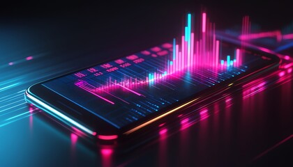 Fototapete - 3D rendering of a smartphone with financial charts and graphs displayed