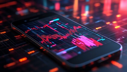 Fototapete - Hightech smartphone with 3D financial charts and graphs on the screen, dark gradient black background, glowing financial data, modern financial