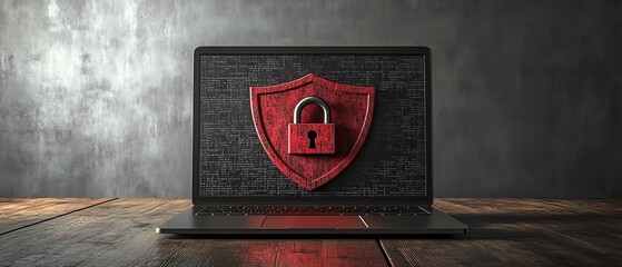 Leinwandbilder - Laptop on wooden surface with red shield and open padlock on screen, gray background, symbolizing cybersecurity, modern digital security, 3D rendering, protection concept