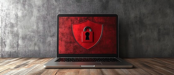 Leinwandbilder - Laptop on wooden surface with red shield and open padlock on screen, gray background, symbolizing cybersecurity, modern digital security, 3D rendering, protection concept