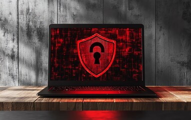 Fototapete - Laptop with red shield featuring an open padlock displayed on the screen