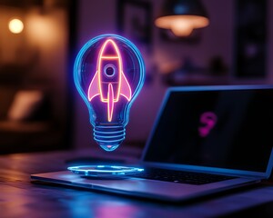 Aufkleber - Neon glowing lightbulb with rocket inside floating above a laptop in a dark futuristic workspace