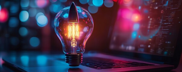 Aufkleber - Neon glowing lightbulb with rocket inside on top of a laptop