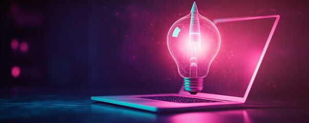 Aufkleber - Neon glowing lightbulb with rocket inside above a sleek laptop in a dark minimalist environment