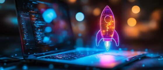 Aufkleber - Neon lightbulb with rocket inside over a laptop
