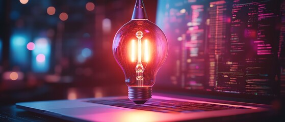 Aufkleber - Neon lightbulb with rocket inside over a laptop