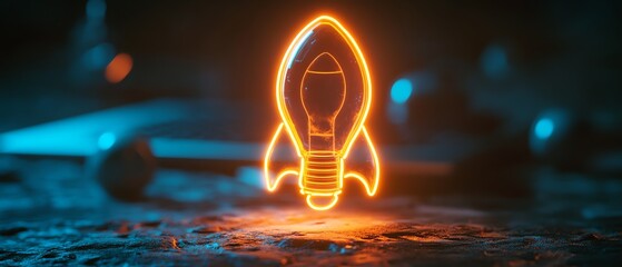 Aufkleber - Neon lightbulb with rocket inside over a laptop