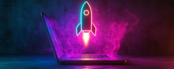 Aufkleber - Neon glowing lightbulb with rocket inside above a sleek laptop in a dark minimalist environment