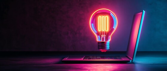 Aufkleber - Neon lightbulb with rocket inside over a laptop