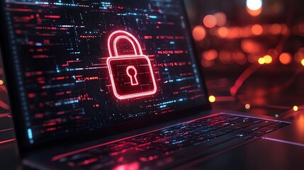 Poster - Digital padlock hologram on laptop screen with glowing network connections in the background
